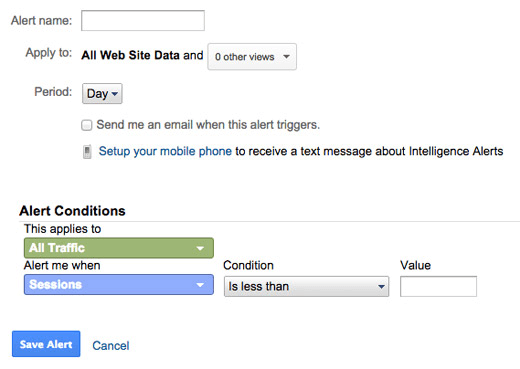 Google analytics custom alert screenshot