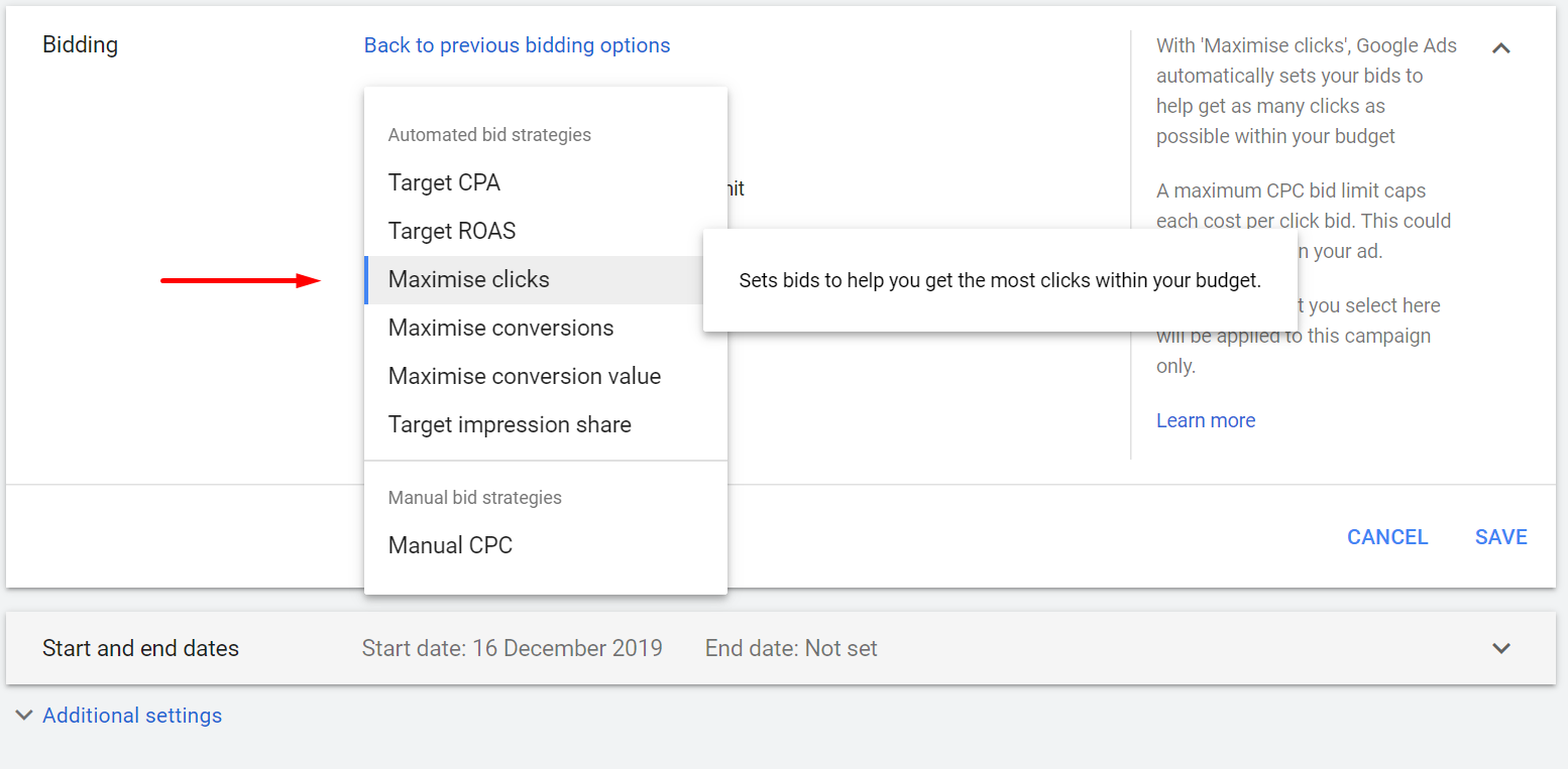 Maximise clicks: Google Ads
