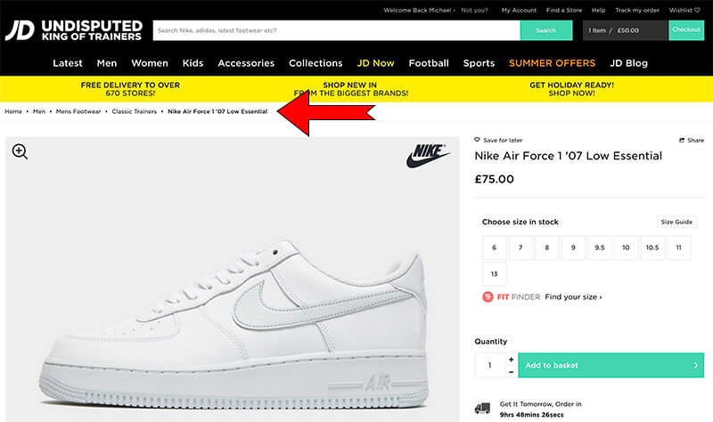 example of breadcrumbs on JD Sports' website