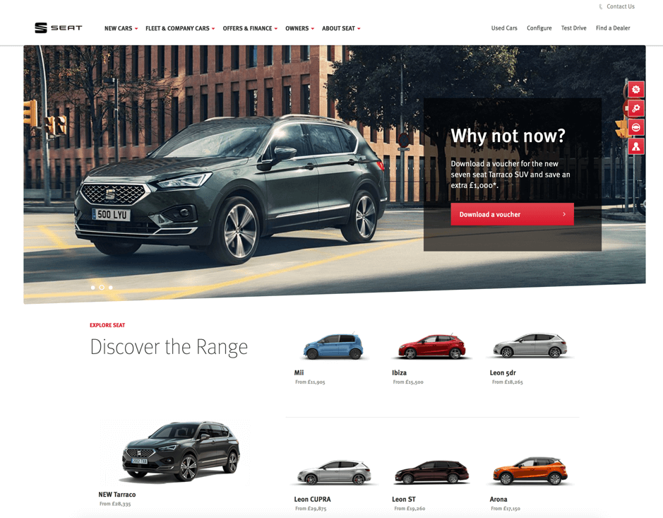 Seat's home page. Gives users ability to browse car range immediately.