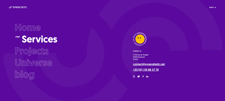 Synerghetic's menu. Funky design with engaging interactions.
