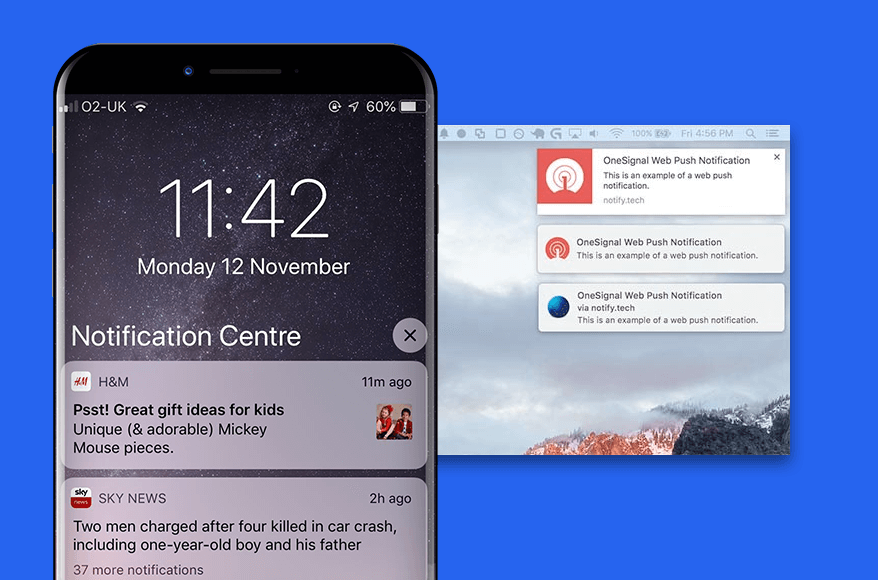 Push notifications can be delivered on both mobile and desktop.