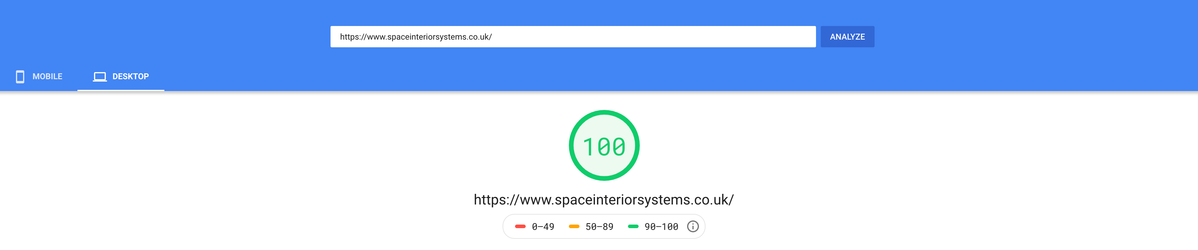 Space Interior Systems 100/100 page speed