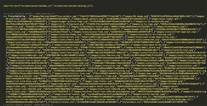 Fragment of Bigger Picture website’s service-worker.js file. It is an array of SVGs, images, CSS and JS files to be cached by sw-precache.